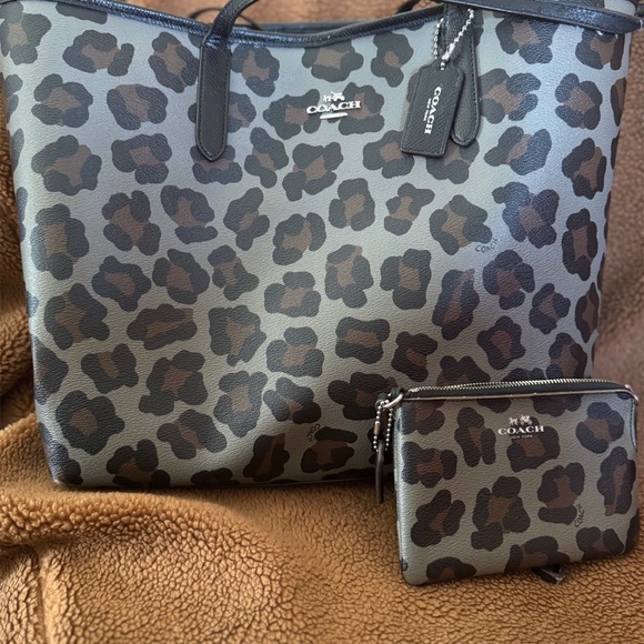 Coach Handbags - Coach Leopard Print Tote and Wallet - Black and Brown